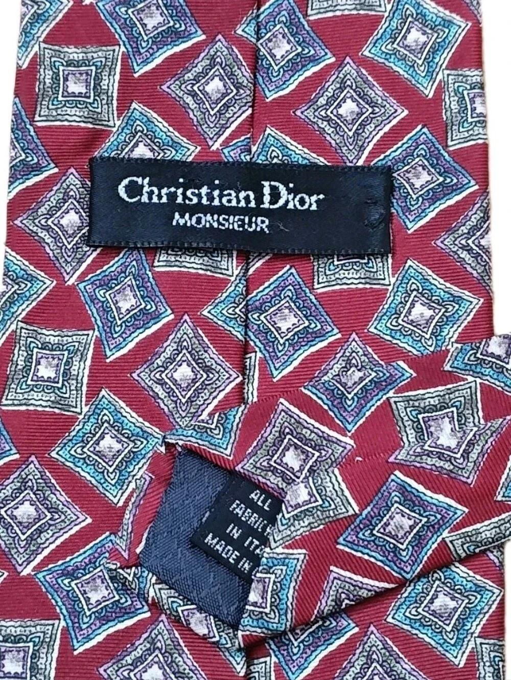 Vtg USA Christian Dior Monsieur Vintage Italian Silk Neck Tie Red Geo Diamond